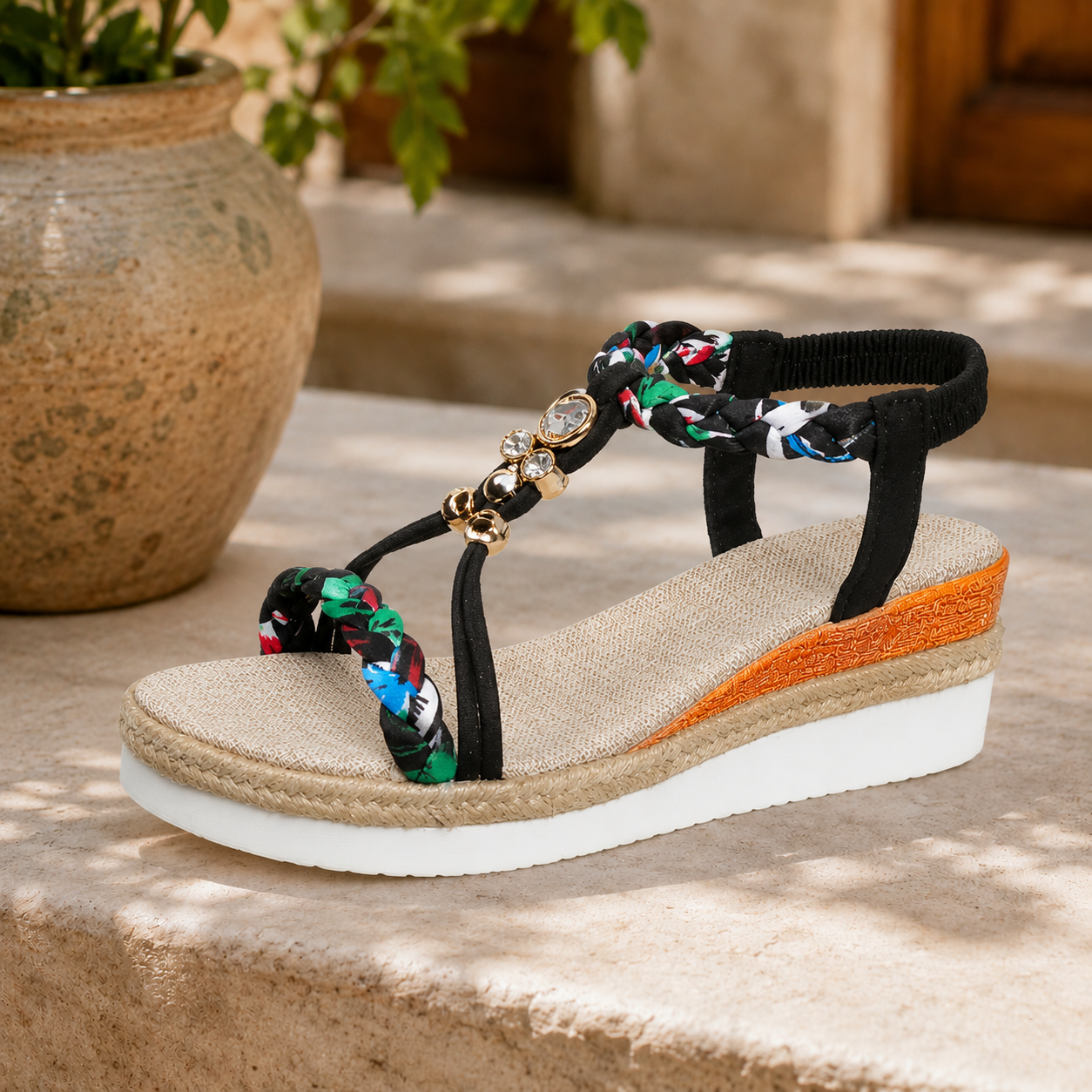 Sandales Élégance Tressée™ – Sandales Compensées Confort avec Perles