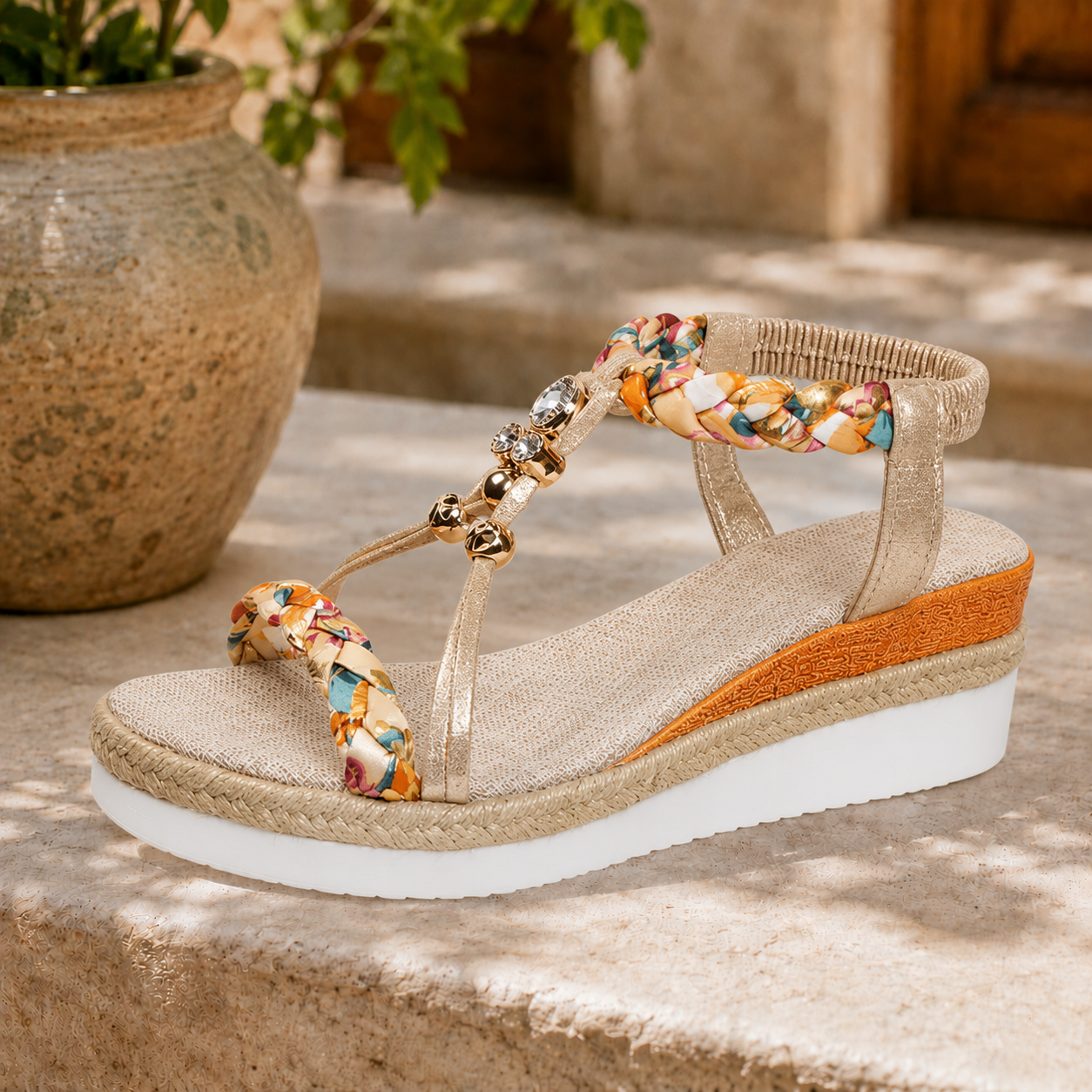 Sandales Élégance Tressée™ – Sandales Compensées Confort avec Perles